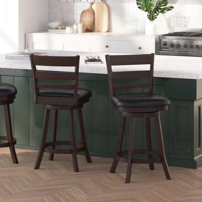Silla 24" Classic Wooden Ladderback Swivel Counter Height Stool with Upholstered Padded Seat and Integrated Footrest - View 2