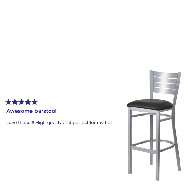 Black Vinyl Seat/Silver Frame |#| Silver Slat Back Metal Restaurant Barstool - Black Vinyl Seat