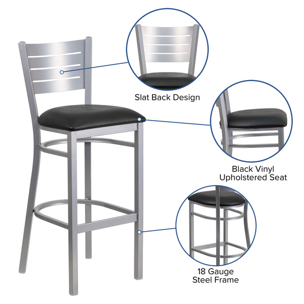 Black Vinyl Seat/Silver Frame |#| Silver Slat Back Metal Restaurant Barstool - Black Vinyl Seat