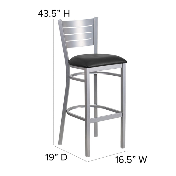 Black Vinyl Seat/Silver Frame |#| Silver Slat Back Metal Restaurant Barstool - Black Vinyl Seat