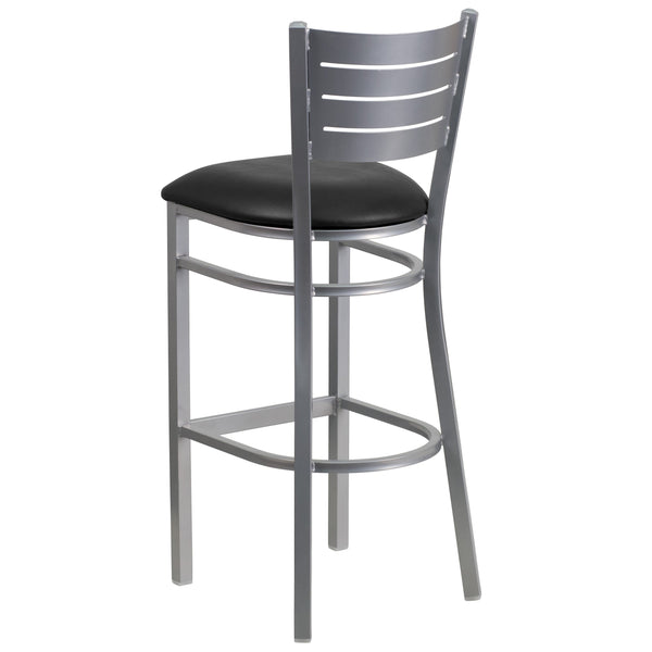Black Vinyl Seat/Silver Frame |#| Silver Slat Back Metal Restaurant Barstool - Black Vinyl Seat