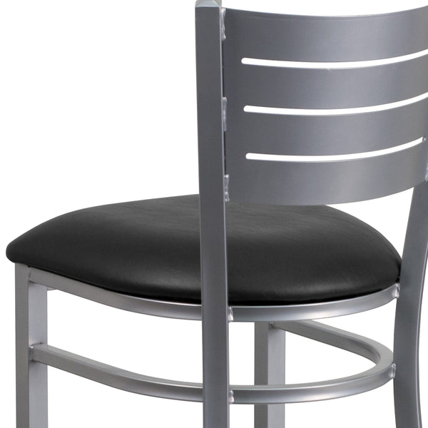 Black Vinyl Seat/Silver Frame |#| Silver Slat Back Metal Restaurant Barstool - Black Vinyl Seat