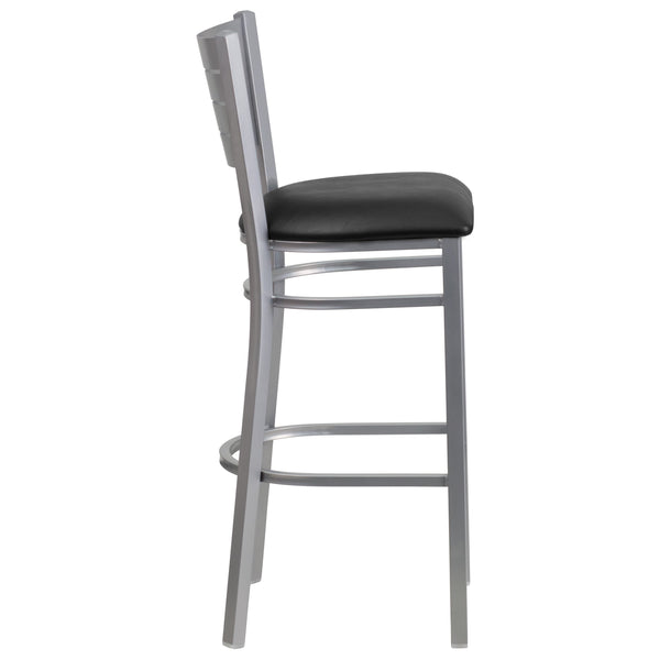 Black Vinyl Seat/Silver Frame |#| Silver Slat Back Metal Restaurant Barstool - Black Vinyl Seat