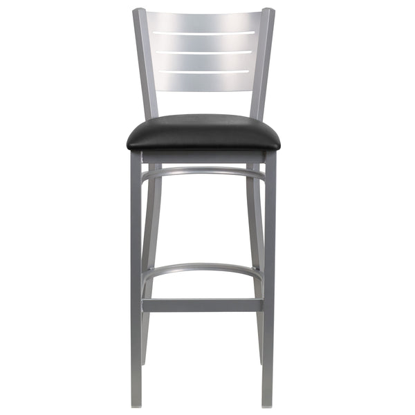 Black Vinyl Seat/Silver Frame |#| Silver Slat Back Metal Restaurant Barstool - Black Vinyl Seat
