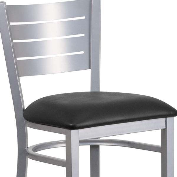 Black Vinyl Seat/Silver Frame |#| Silver Slat Back Metal Restaurant Barstool - Black Vinyl Seat