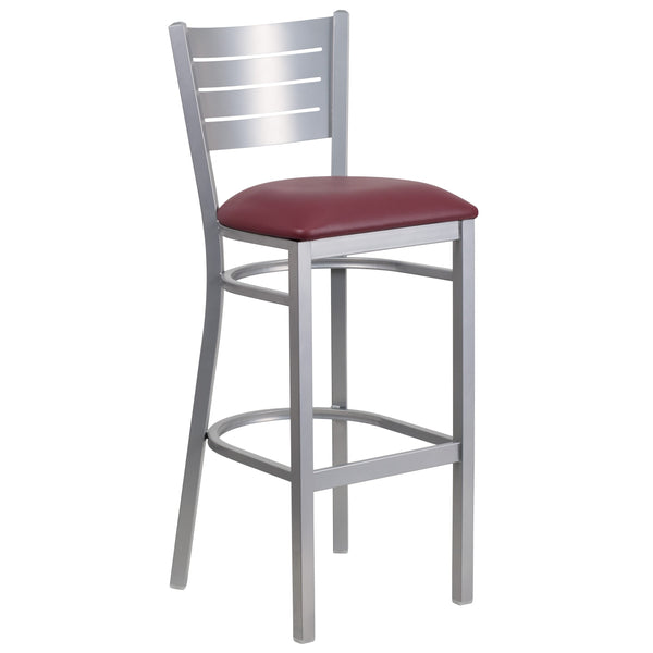 Burgundy Vinyl Seat/Silver Frame |#| Silver Slat Back Metal Restaurant Barstool - Burgundy Vinyl Seat