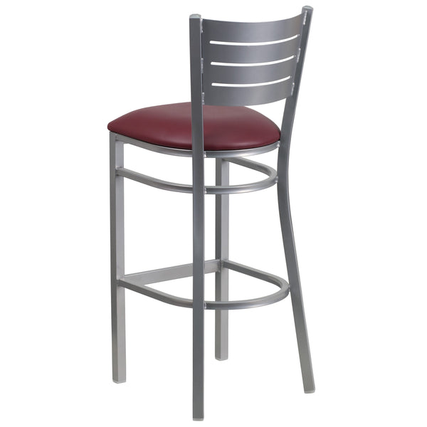 Burgundy Vinyl Seat/Silver Frame |#| Silver Slat Back Metal Restaurant Barstool - Burgundy Vinyl Seat