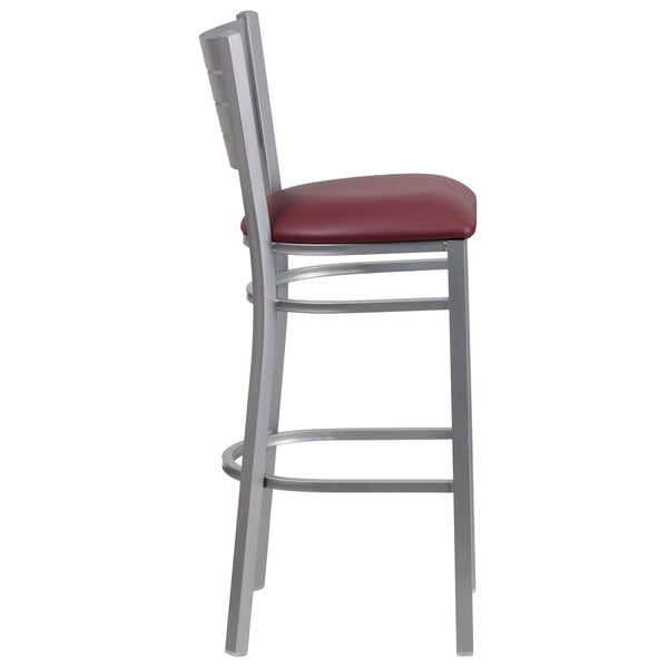 Burgundy Vinyl Seat/Silver Frame |#| Silver Slat Back Metal Restaurant Barstool - Burgundy Vinyl Seat