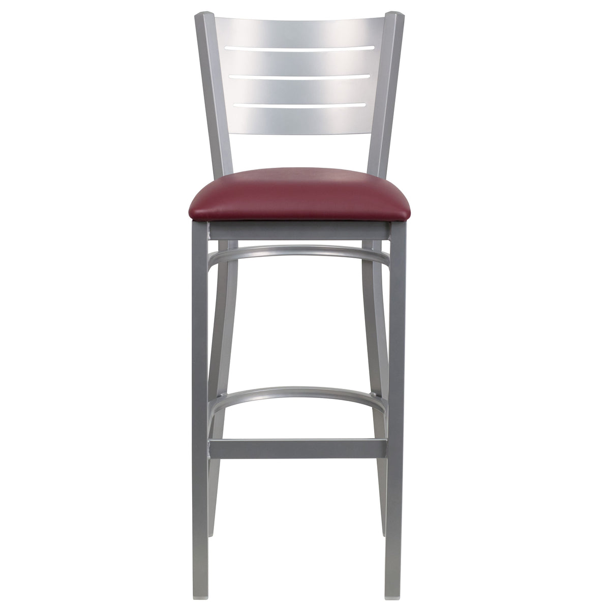 Burgundy Vinyl Seat/Silver Frame |#| Silver Slat Back Metal Restaurant Barstool - Burgundy Vinyl Seat