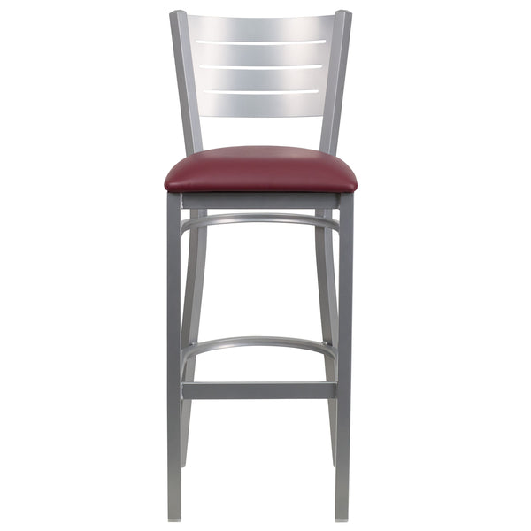 Burgundy Vinyl Seat/Silver Frame |#| Silver Slat Back Metal Restaurant Barstool - Burgundy Vinyl Seat
