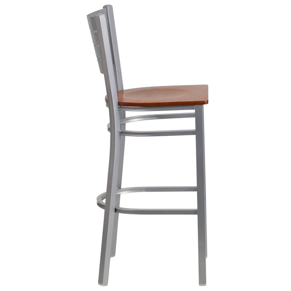 Cherry Wood Seat/Silver Frame |#| Silver Slat Back Metal Restaurant Barstool - Cherry Wood Seat