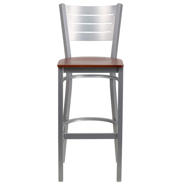 Cherry Wood Seat/Silver Frame |#| Silver Slat Back Metal Restaurant Barstool - Cherry Wood Seat