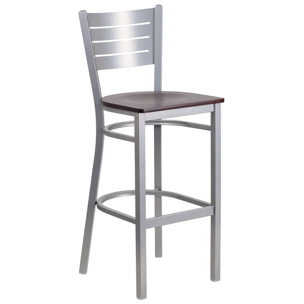 Mahogany Wood Seat/Silver Frame |#| Silver Slat Back Metal Restaurant Barstool - Mahogany Wood Seat
