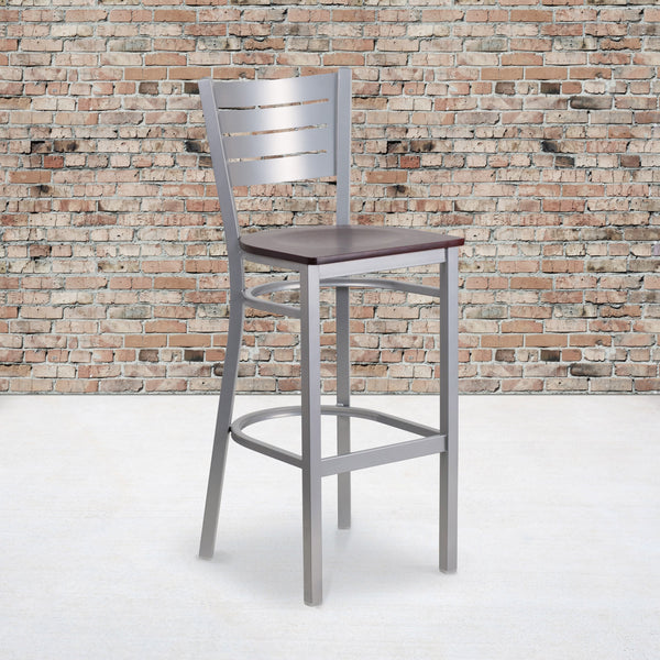 Mahogany Wood Seat/Silver Frame |#| Silver Slat Back Metal Restaurant Barstool - Mahogany Wood Seat