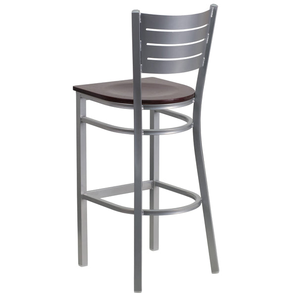 Mahogany Wood Seat/Silver Frame |#| Silver Slat Back Metal Restaurant Barstool - Mahogany Wood Seat