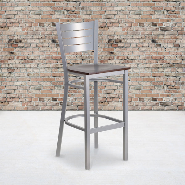 Walnut Wood Seat/Silver Frame |#| Silver Slat Back Metal Restaurant Barstool - Walnut Wood Seat