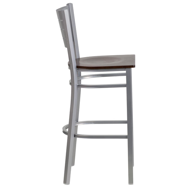 Walnut Wood Seat/Silver Frame |#| Silver Slat Back Metal Restaurant Barstool - Walnut Wood Seat