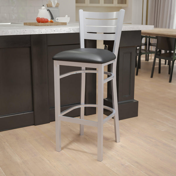 Black Vinyl Seat/Silver Frame |#| Silver Slat Back Metal Restaurant Barstool - Black Vinyl Seat