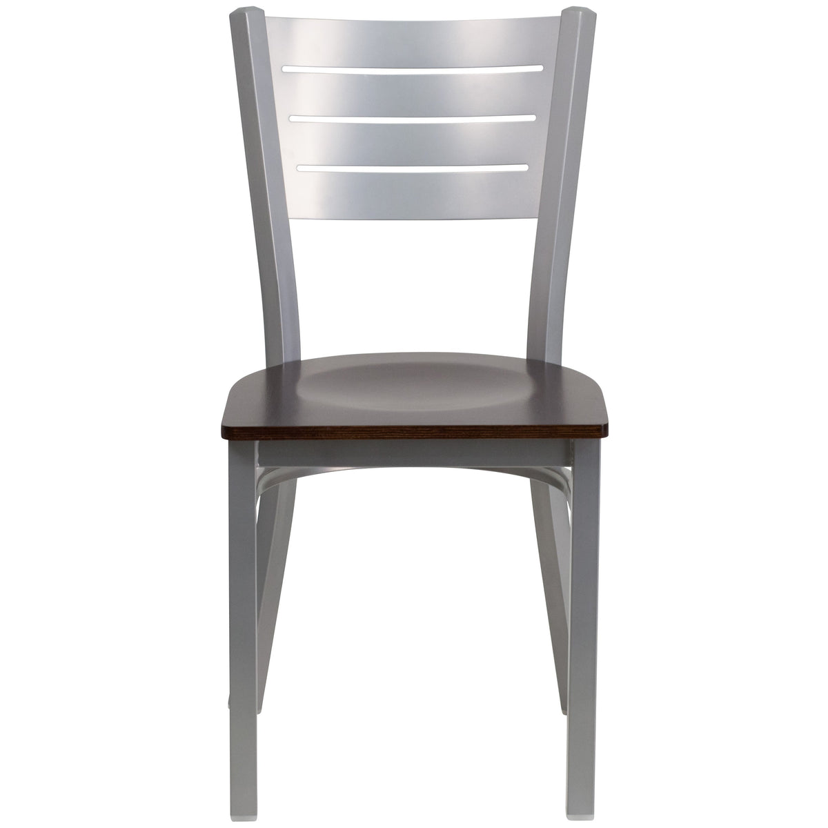 Walnut Wood Seat/Silver Frame |#| Silver Slat Back Metal Restaurant Chair - Walnut Wood Seat