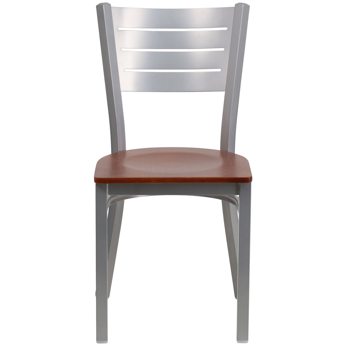 Cherry Wood Seat/Silver Frame |#| Silver Slat Back Metal Restaurant Chair - Cherry Wood Seat