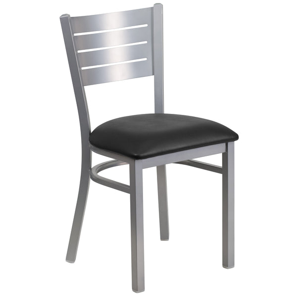 Black Vinyl Seat/Silver Frame |#| Silver Slat Back Metal Restaurant Chair - Black Vinyl Seat