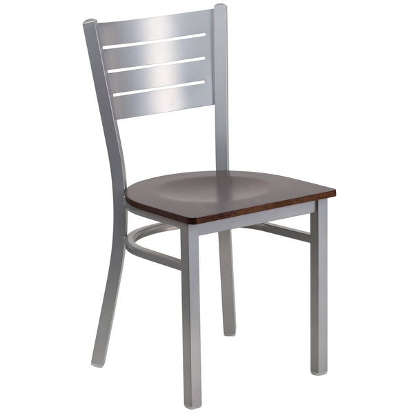 Walnut Wood Seat/Silver Frame |#| Silver Slat Back Metal Restaurant Chair - Walnut Wood Seat