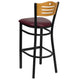 Natural Wood Back/Burgundy Vinyl Seat/Black Metal Frame |#| Black Slat Back Metal Restaurant Barstool - Natural Wood Back, Burg Vinyl Seat
