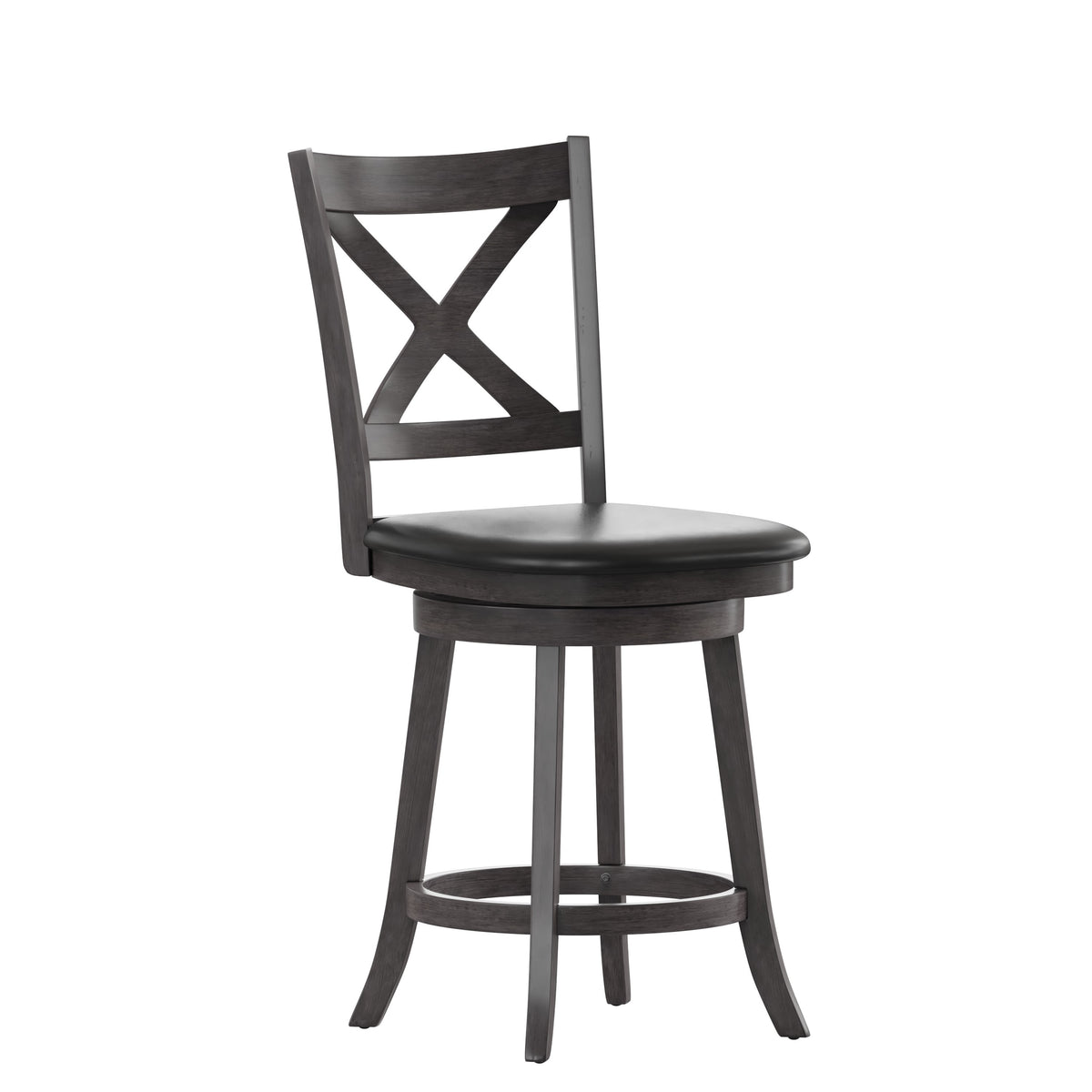 Black Vinyl/Gray Wash Walnut Frame |#| 24inch Crossback Wooden Swivel Stool - Padded Seat-Gray Wash/Black Faux Leather