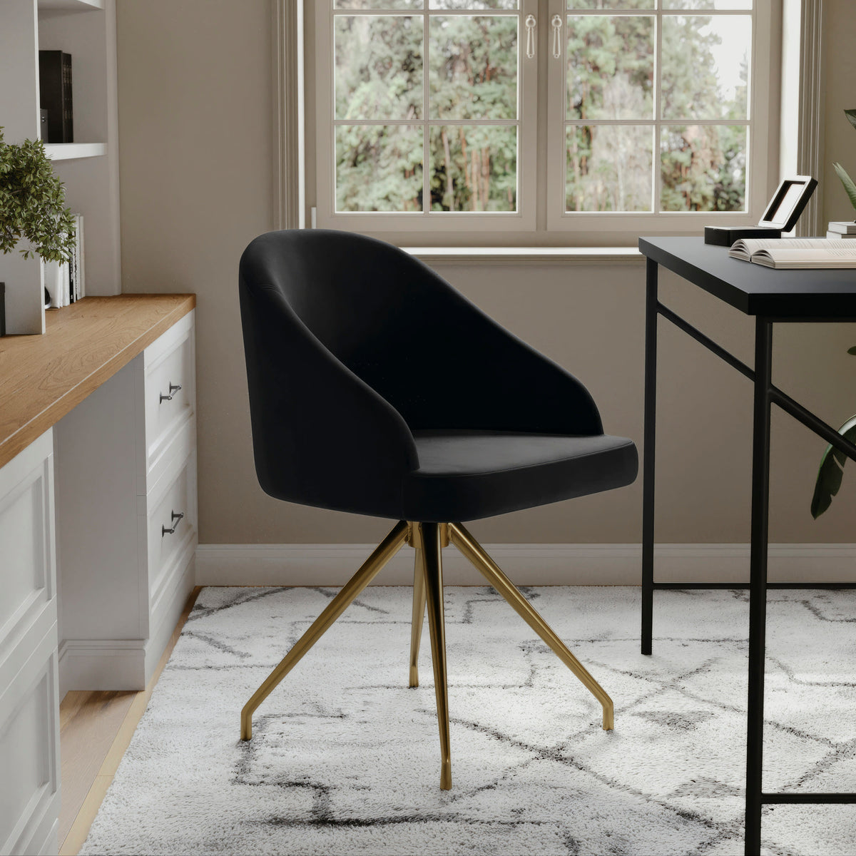 Black Velvet/Polished Nickel |#| Velvet Upholstered Stationary Swivel Home Office Chair -Black/Oil Bronze