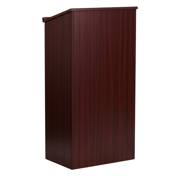 Mahogany |#| Stand-Up Wood Lectern in Mahogany with Adjustable Shelving and Slanted Top