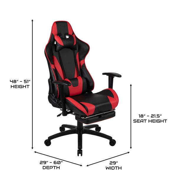 Red |#| Black Gaming Desk; Black & Red Reclining Gaming Chair with Slide-Out Footrest