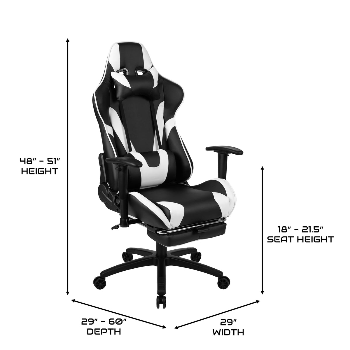 Black |#| Black Gaming Desk; Black & White Reclining Gaming Chair with Slide-Out Footrest