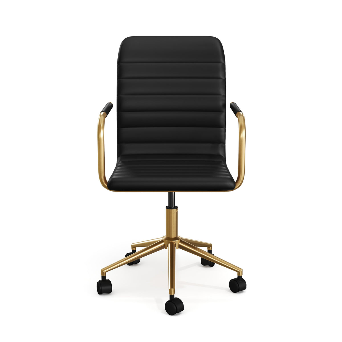Black Faux Leather/Polished Brass Frame |#| Faux Leather Swivel Home Office Chair with Integrated Armrests-Bk/Polished Brass