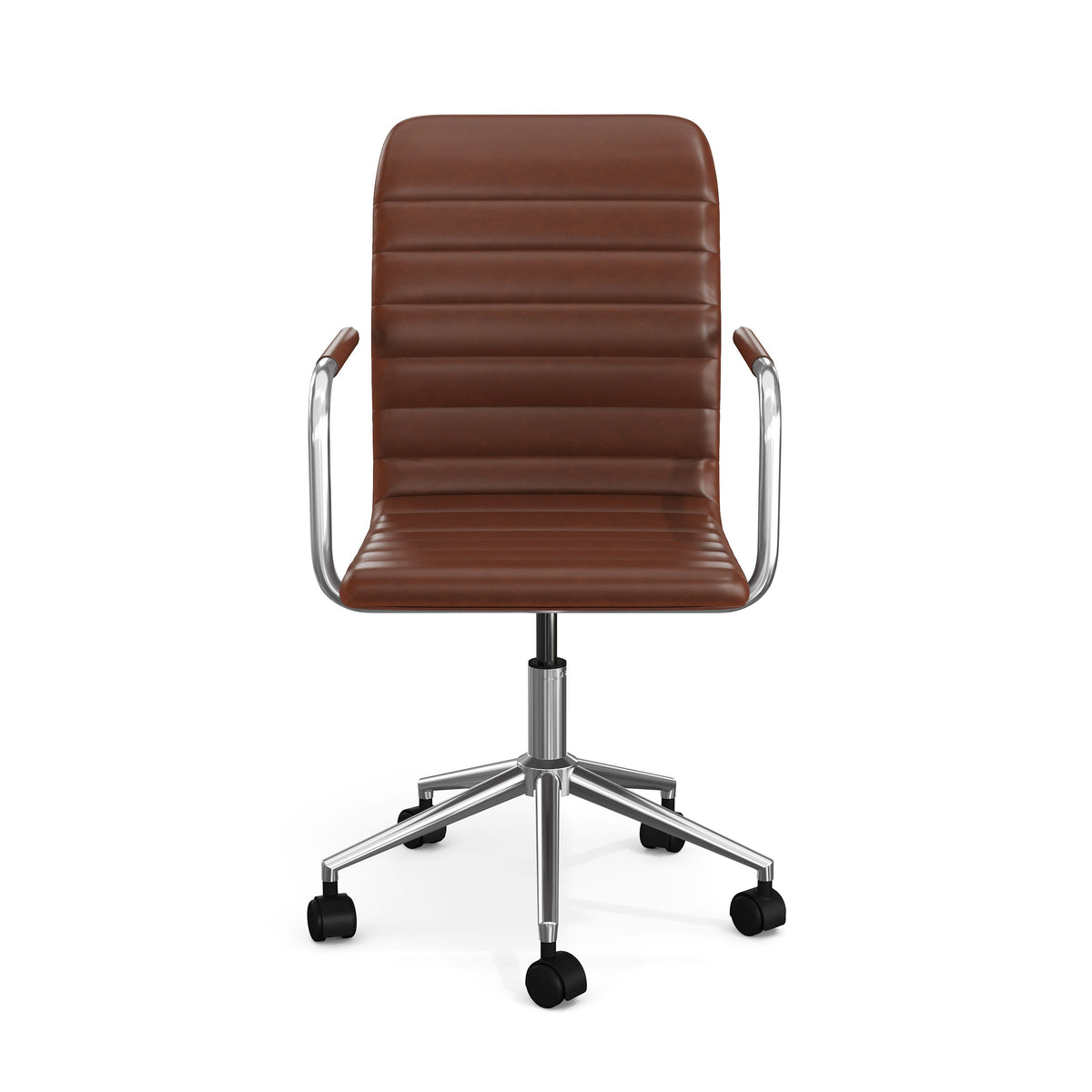 Saddle Brown Faux Leather/Polished Nickel Frame |#| Faux Leather Swivel Home Office Chair with Integrated Armrests-SdlBrn/PolshdNckl