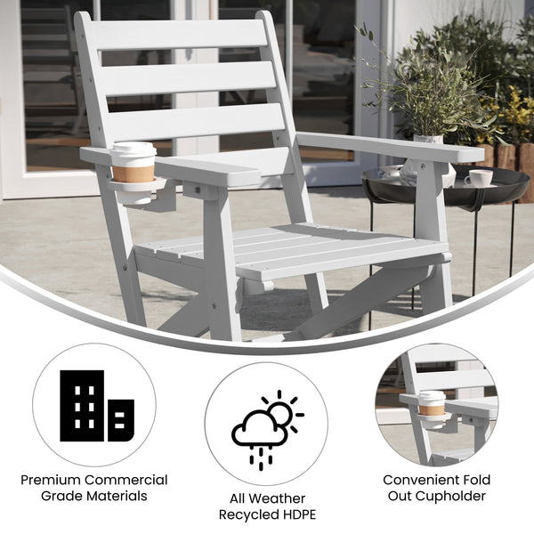 White |#| All-Weather Commercial Adirondack Dining Chair with Fold Out Cupholder - White