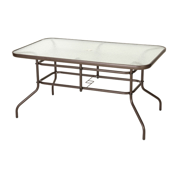 Clear Top/Bronze Frame |#| 31.5" x 55" Rectangular Tempered Glass Metal Table with Umbrella Hole - Bronze