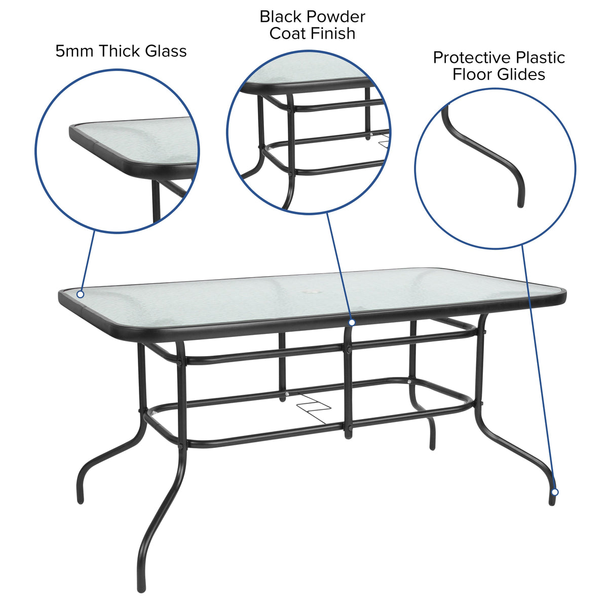 Clear Top/Black Frame |#| 31.5" x 55" Rectangular Tempered Glass Metal Table with Umbrella Hole
