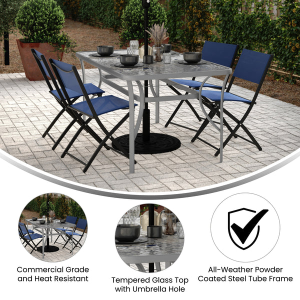Flash Furniture Tory Commercial Grade Patio Table with Tempered Glass Top with Umbrella Hole and Steel Tube Frame, Clear Top/Black Frame
