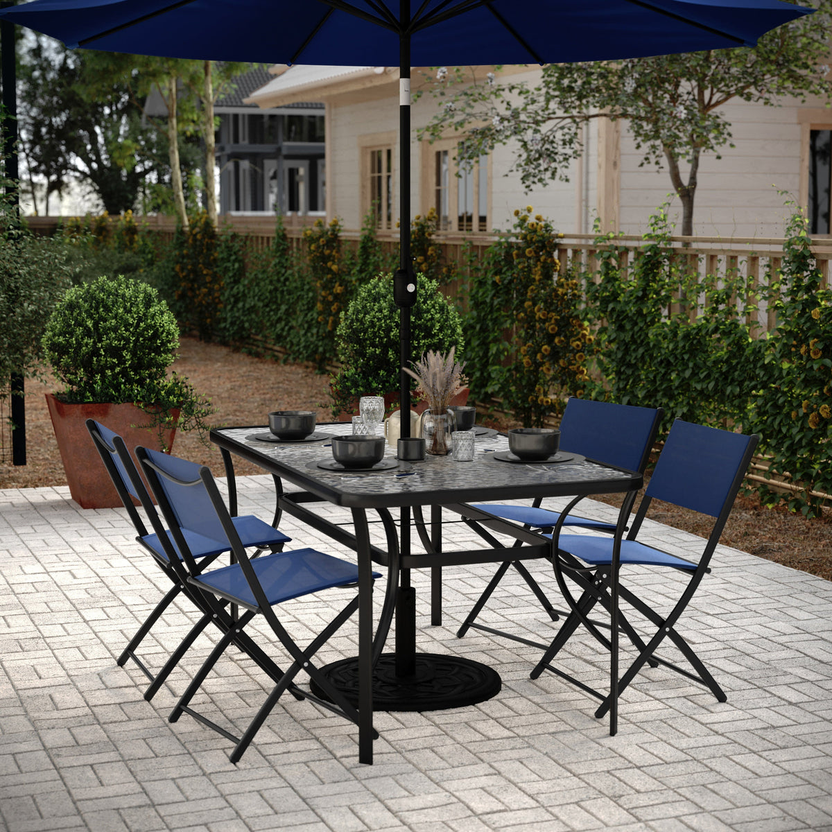 4 piece metal and glass umbrella patio set PHI VILLA Furniture with for 4,Swivel Mesh Dining Chairs Folding chairs feature breathable mesh seats and steel frames for easy travel and storage Lila 5 Piece Patio Dining