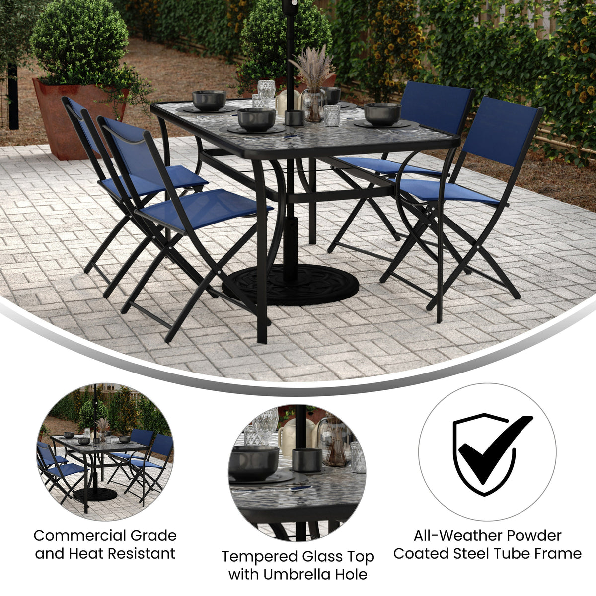 Clear Top/Black Frame |#| Commercial 35x59 Tempered Glass and Steel Patio Table with Umbrella Hole-Black