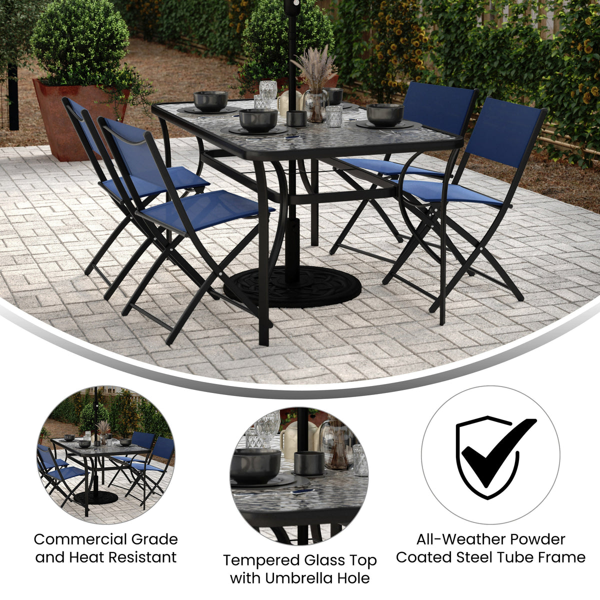 Flash Furniture Tory Commercial Grade Patio Table with Tempered Glass Top with Umbrella Hole and Steel Tube Frame, Clear Top/Black Frame