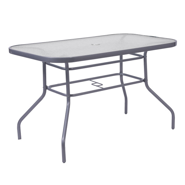 glass top patio umbrella table Flash Furniture 27.5 x 47.25 in. Tory Commercial Grade Rectangular Patio Table with Tempered Glass Top with Umbrella Hole & Steel Tube Frame Black