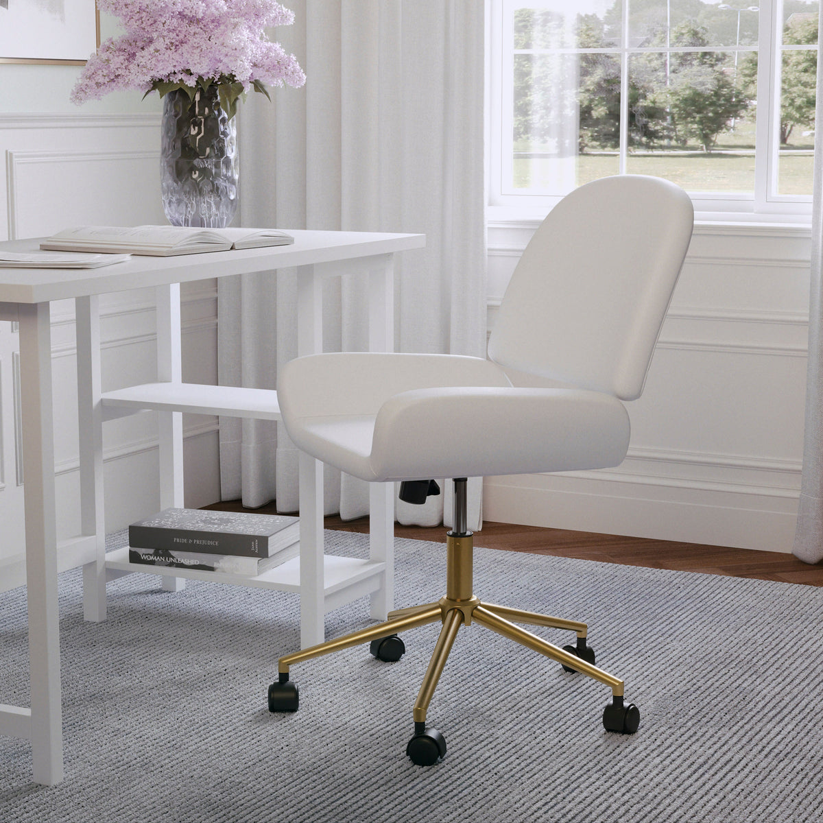White Faux Leather/Polished Brass |#| Faux Leather Armless Swivel Home Office Chair - White/Polished Brass