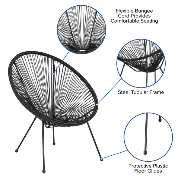 Black |#| Black Papasan Oval Woven Basket Bungee Lounge Chair - Indoor/Outdoor Furniture