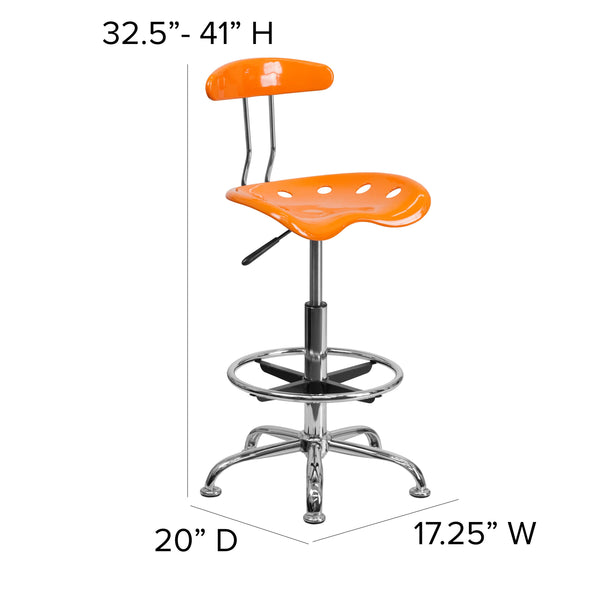 Orange |#| Vibrant Orange and Chrome Drafting Stool with Tractor Seat