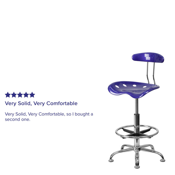 Deep Blue |#| Vibrant Deep Blue and Chrome Drafting Stool with Tractor Seat