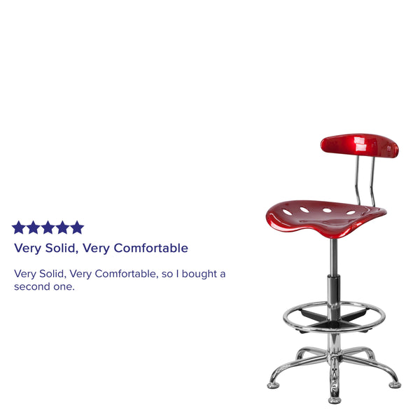 Wine Red |#| Vibrant Wine Red and Chrome Drafting Stool with Tractor Seat