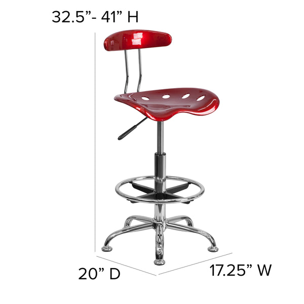 Wine Red |#| Vibrant Wine Red and Chrome Drafting Stool with Tractor Seat