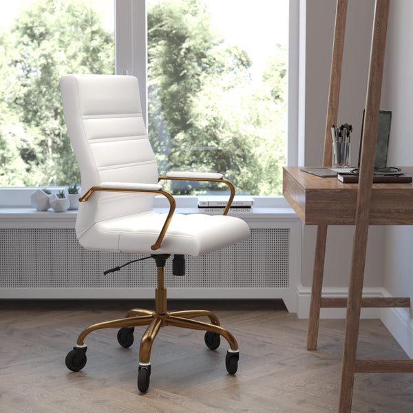 White LeatherSoft/Gold Frame |#| Executive Chair with Gold Frame & Arms on Skate Wheels - White LeatherSoft