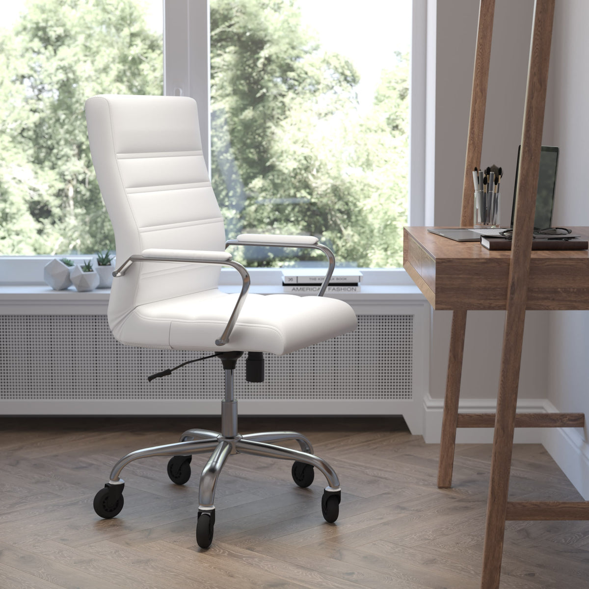 White LeatherSoft/Chrome Frame |#| Executive Chair with Chrome Frame & Arms on Skate Wheels - White LeatherSoft